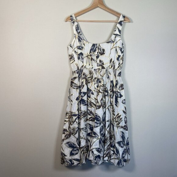 J.CREW Fit & Flare Ivory Linen Dress Gold Black Foil Leaf Print Size 4 NWOT Zip - Picture 6 of 14